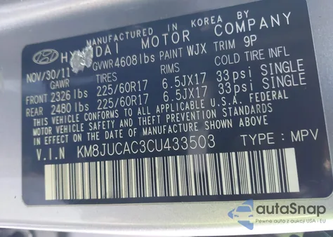 2012 Hyundai Tucson Gls из США, поврежденный, VIN KM8JUCAC3CU433503